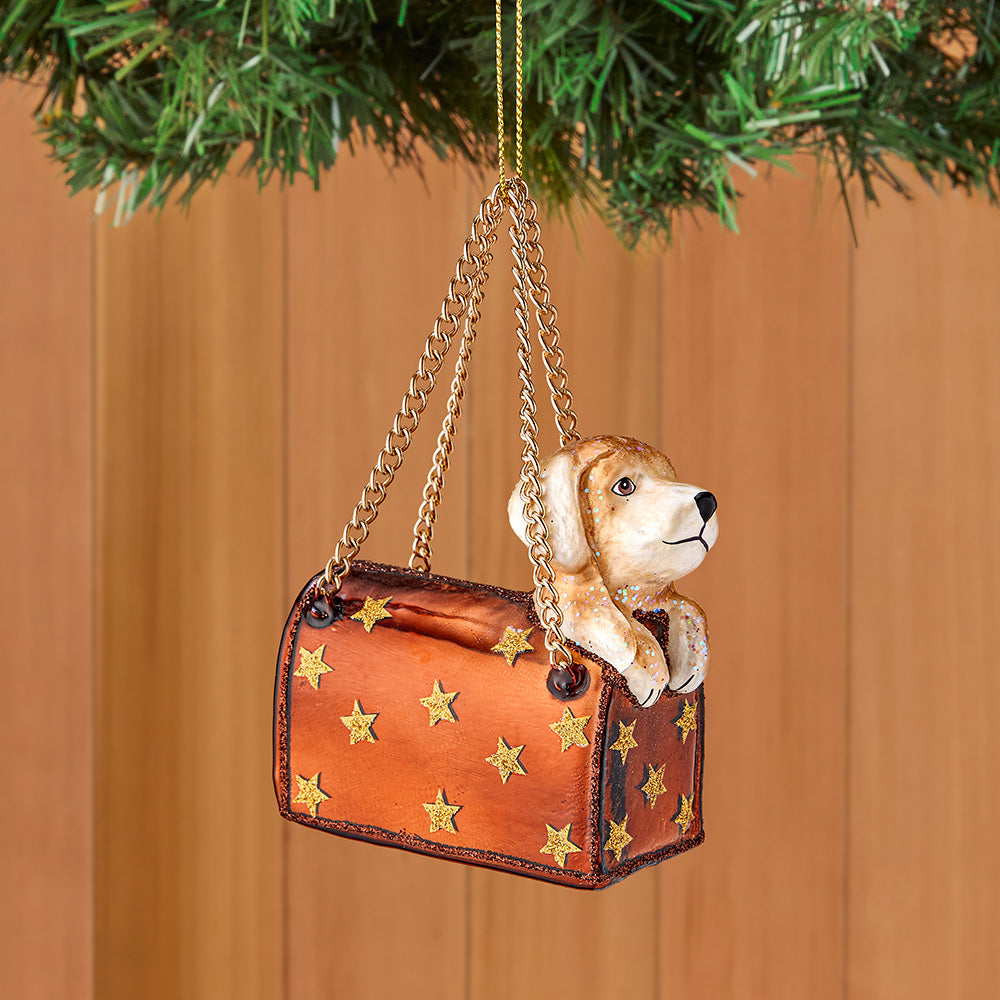 Vondels Glass Ornament, Designer Pet Carrier Handbag with Puppy