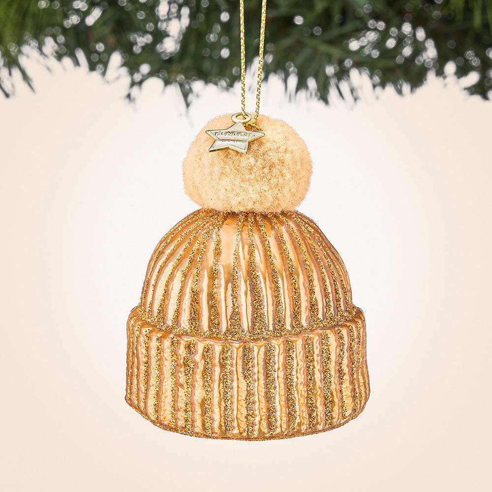 Vondels Glass Ornament, Knit Ski Hat with Pompom