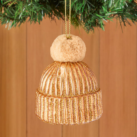 Vondels Glass Ornament, Knit Ski Hat with Pompom