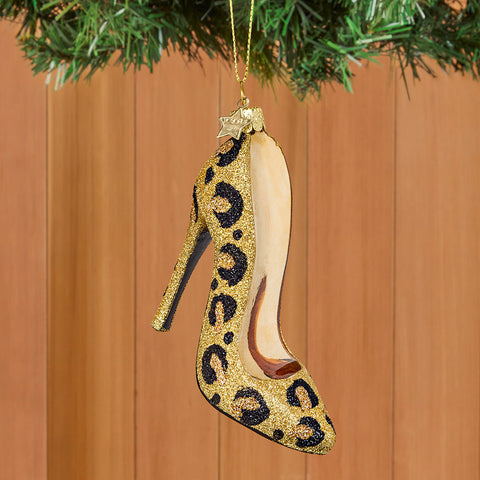 Vondels Glass Ornament, Luxe Leopard High Heel Stiletto Shoe