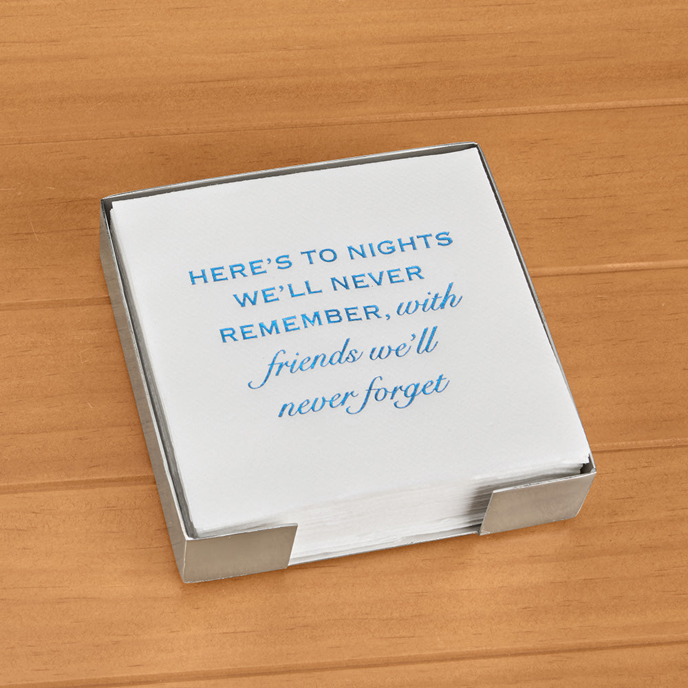 Lined Design Cocktail Napkin and Silver Holder Set, "Friends We'll Never Forget"
