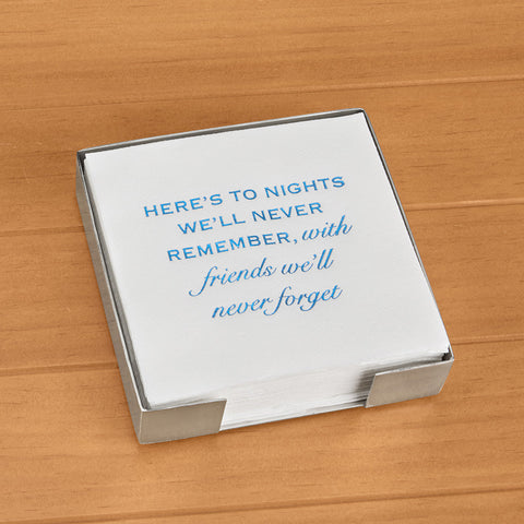 Lined Design Cocktail Napkin and Silver Holder Set, "Friends We'll Never Forget"