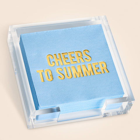 Lined Design Cocktail Napkin and Acrylic Holder Set, "Cheers to Summer"