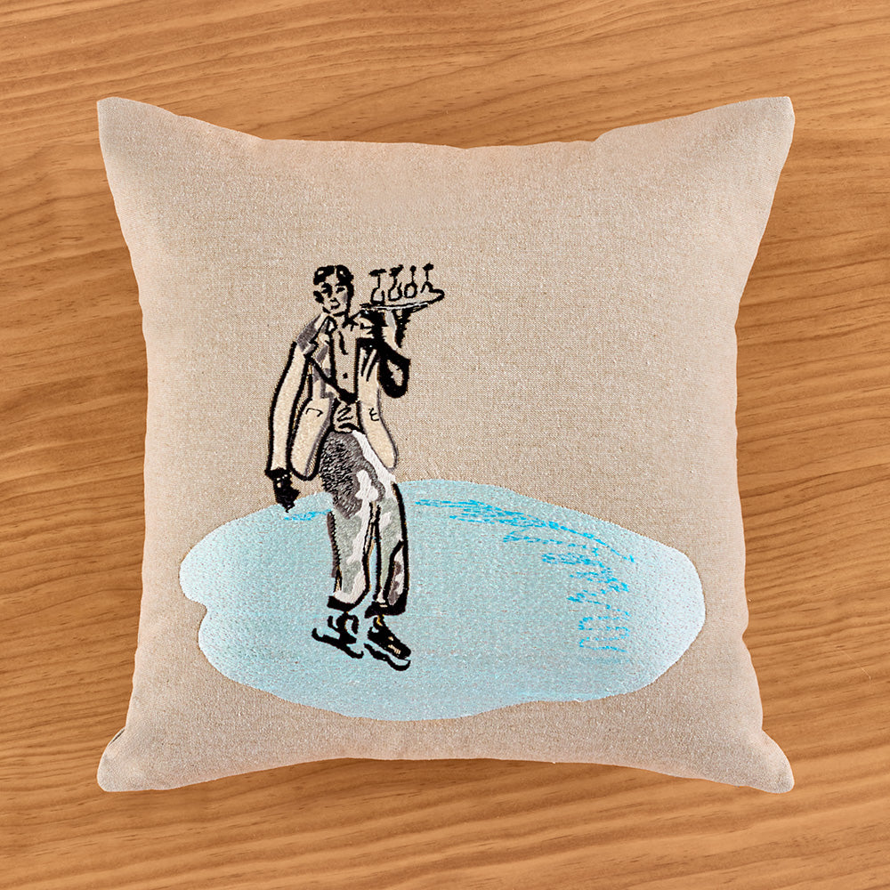 Zodax 16" Embroidered Pillow, Waiter on Ice Skates