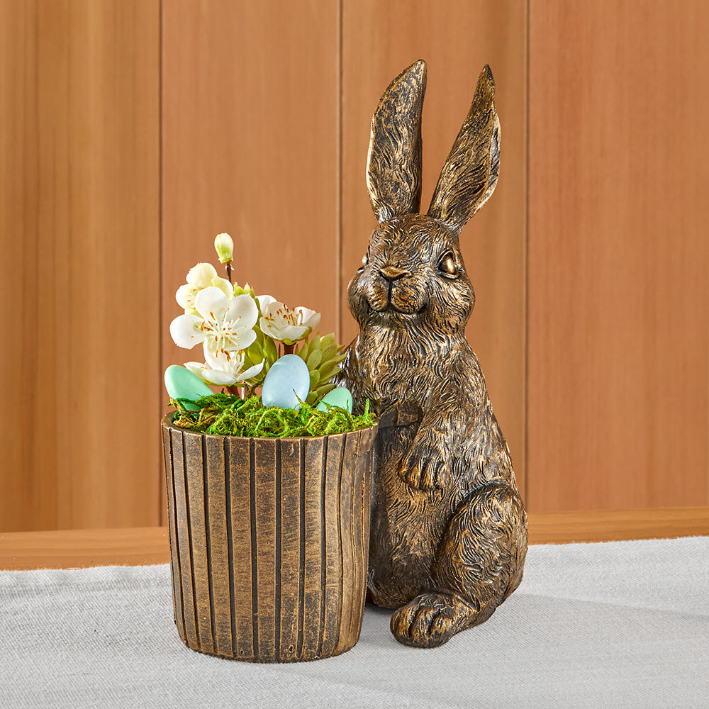 Bronze Bunny with Basket Figurine