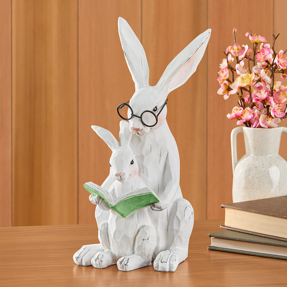 Weathered White Bunny Figurine, Mama and Baby Storytime