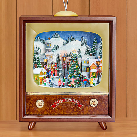 Musical Christmas Scene Retro TV Figurine, Skating in Town Square