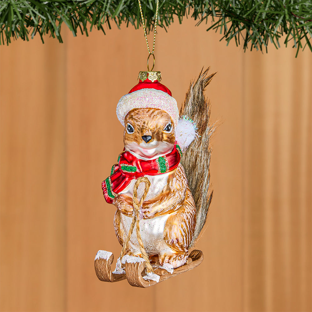 Glass Christmas Ornament, Skiing Squirrel