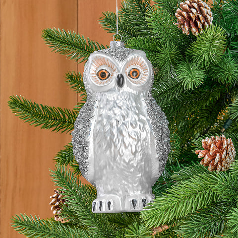 Glass Christmas Ornament, Snowy Winter Owl