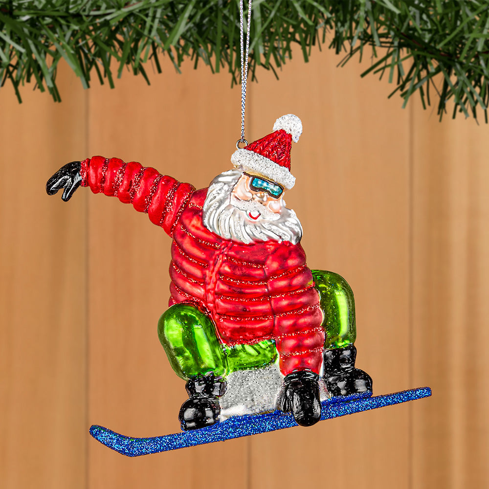 Glass Christmas Ornament, Snowboarding Santa