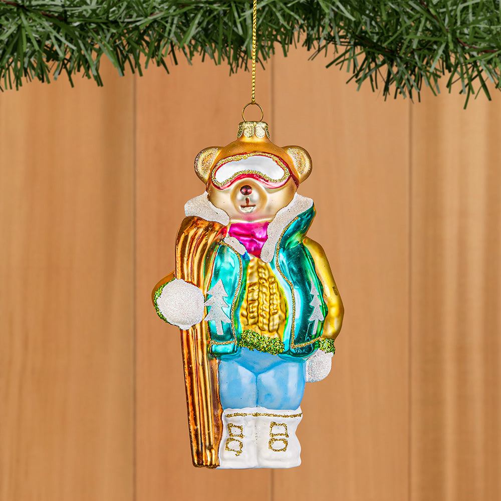 Glass Christmas Ornament, Ski Bear