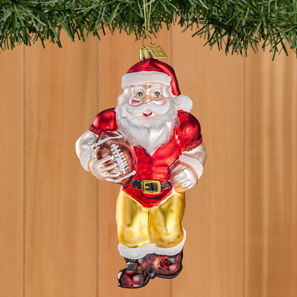 Glass Christmas Ornament, Varsity Football Santa