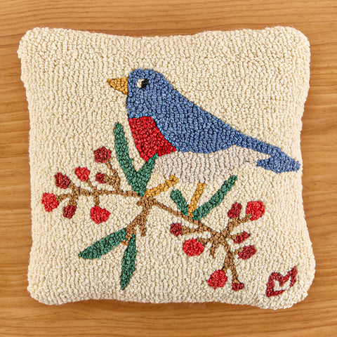 Chandler 4 Corners 14" Hooked Wool Pillow, Bluebird and Berries