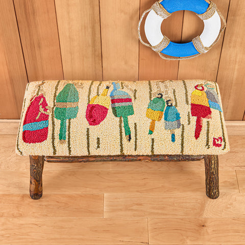 Chandler 4 Corners 32" Hooked Wool Top Hickory Bench, Buoys