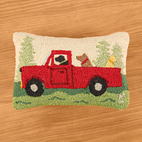 Chandler 4 Corners Hooked Wool Pillow, Dog Caravan