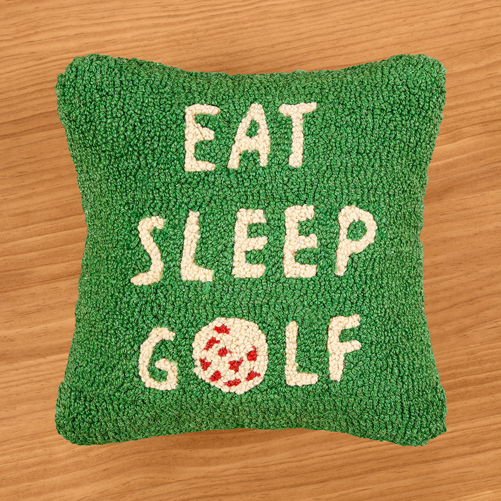 Chandler 4 Corners 14" Hooked Wool Pillow, "Eat Sleep Golf"