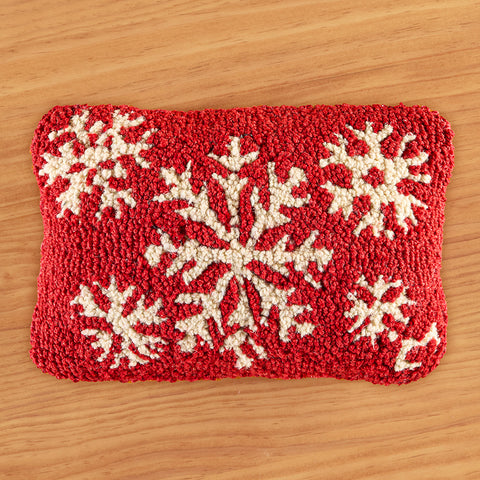 Chandler 4 Corners 12" x 8" Hooked Wool Pillow, White on Red Snowflakes