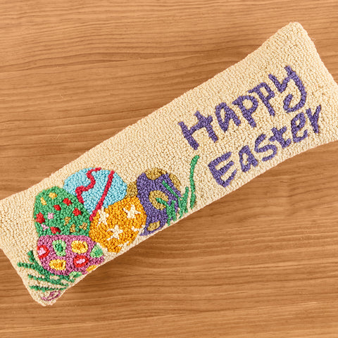 Chandler 4 Corners 8" x 24" Hooked Wool Pillow, "Happy Easter" Eggs
