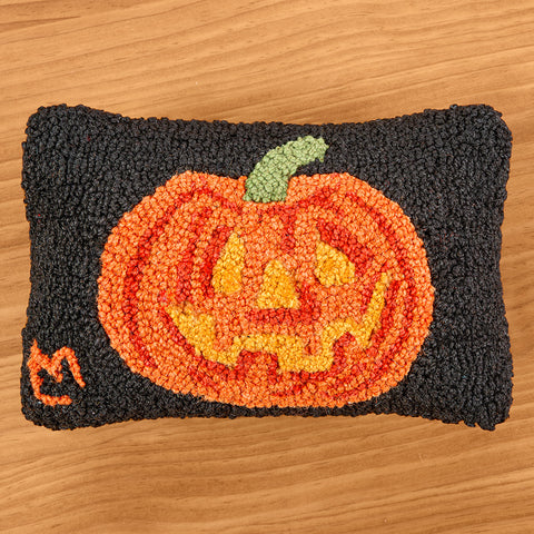 Chandler 4 Corners 8" x 12" Hooked Wool Pillow, Halloween Jack-O-Lantern