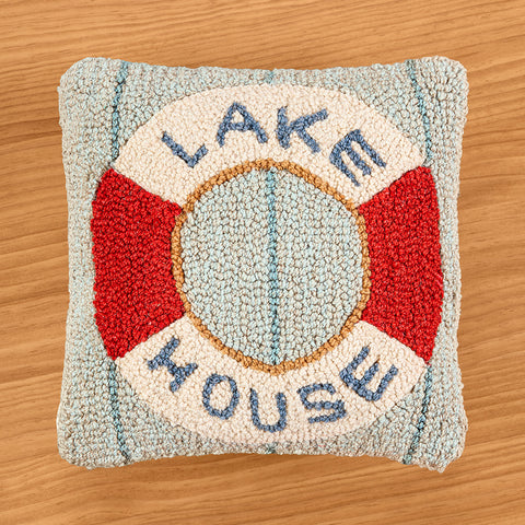 Chandler 4 Corners 14" Hooked Wool Pillow, "Lake House" Life Preserver