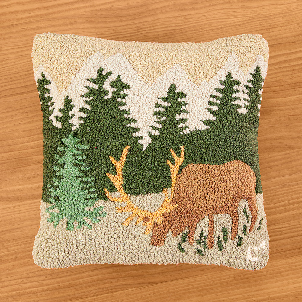 Chandler 4 Corners 18" Hooked Wool Pillow, Mountain Elk