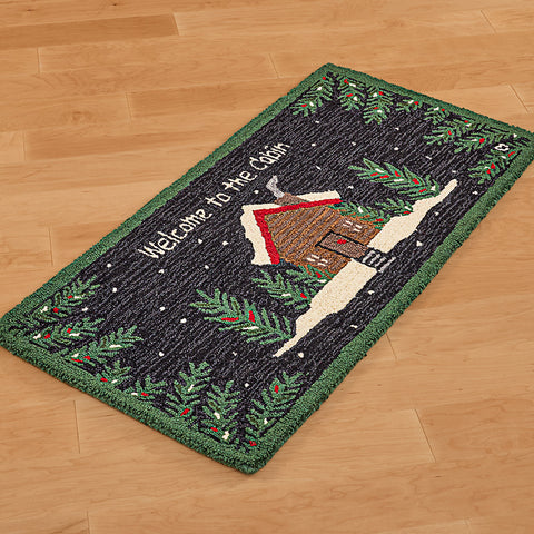 Chandler 4 Corners 2' x 4' Hooked Wool Rug, "Welcome to the Cabin" Pine Woods