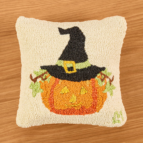 Chandler 4 Corners 14" Hooked Wool Pillow, Halloween Jack-O'-Lantern Witch