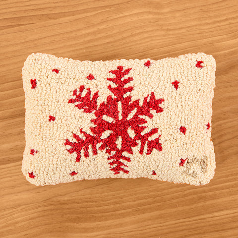 Chandler 4 Corners 12" x 8" Hooked Wool Pillow, Red on White Snowflake