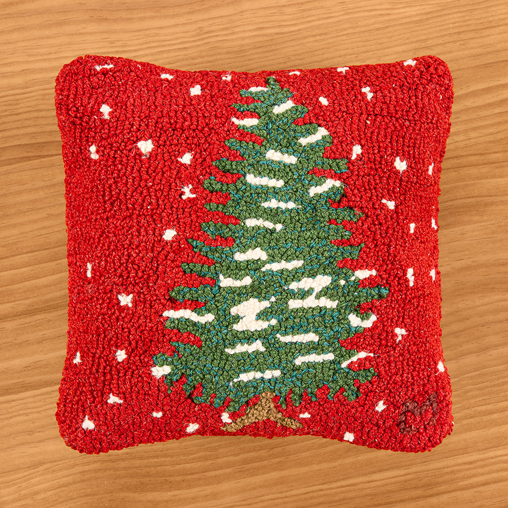 Chandler 4 Corners 14" Hooked Wool Pillow, Forest Flurries on Red