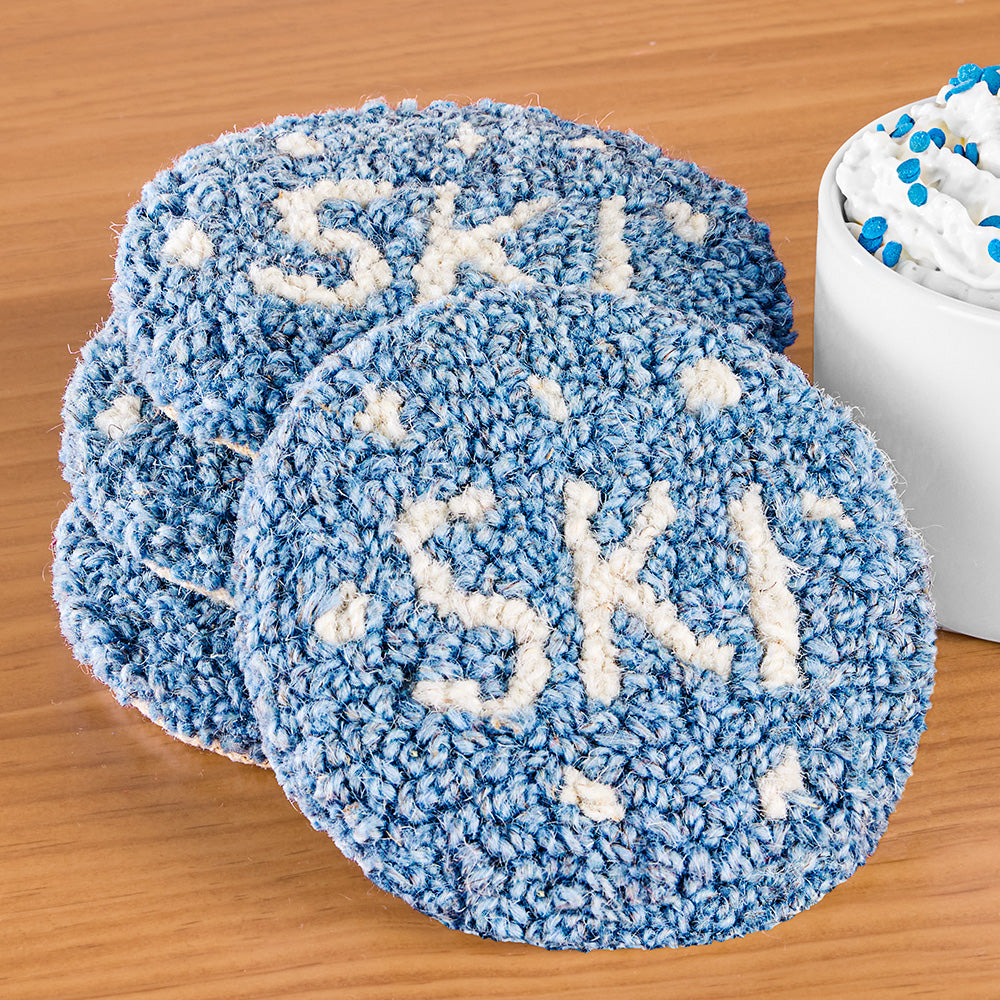 Chandler 4 Corners Hooked Wool Coaster Set, "SKI"