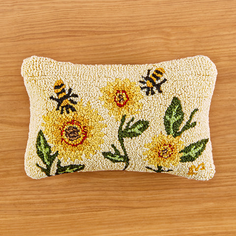 Chandler 4 Corners 12" x 18" Hooked Wool Pillow, Sunflowers and Bees
