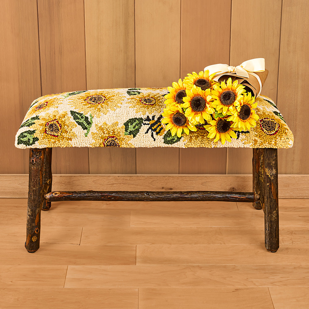 Chandler 4 Corners 32" Hooked Wool Top Hickory Bench, Sunflowers and Bees