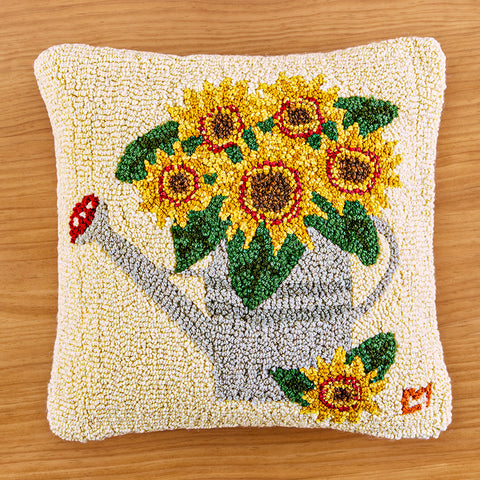 Chandler 4 Corners 18" Hooked Wool Pillow, Sunflowers in Watering Can