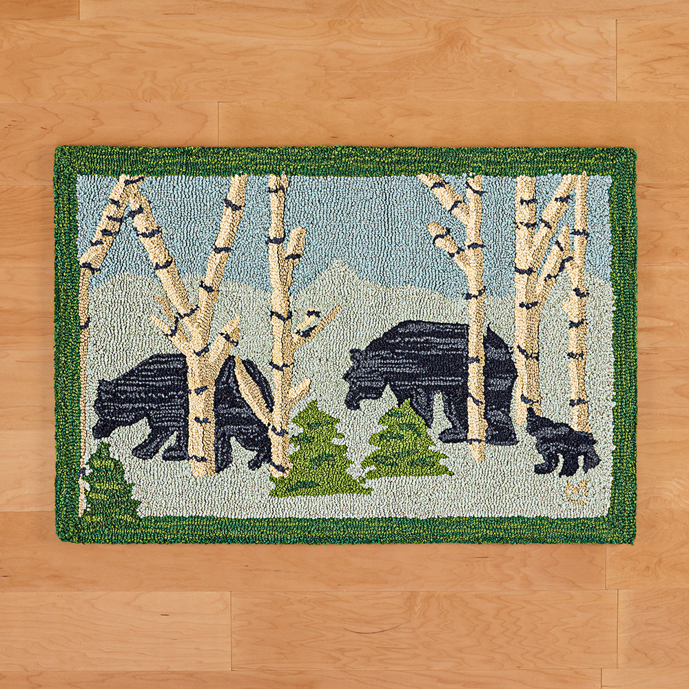 Chandler 4 Corners 2' x 3' Hooked Wool Rug, Three Bears in Birch Woods