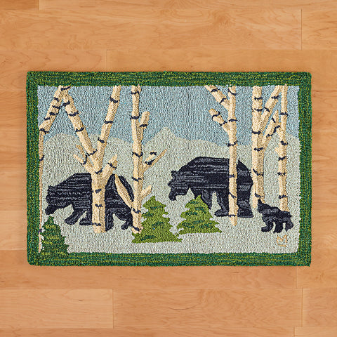 Chandler 4 Corners 2' x 3' Hooked Wool Rug, Three Bears in Birch Woods