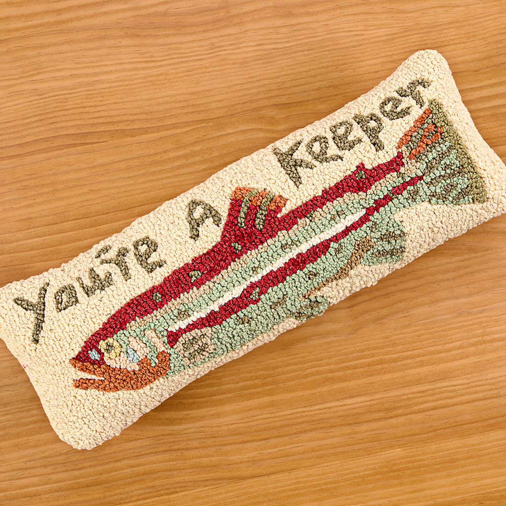 Chandler 4 Corners 8" x 24" Hooked Wool Pillow, "You're a Keeper" Trout
