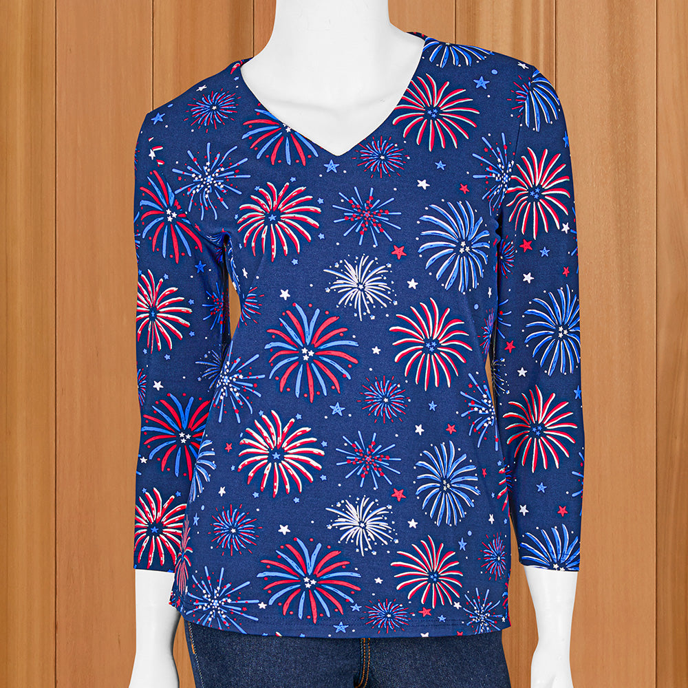 Lulu-B V-Neck ¾ Sleeve Sun Protection Tee, 4th of July Fireworks