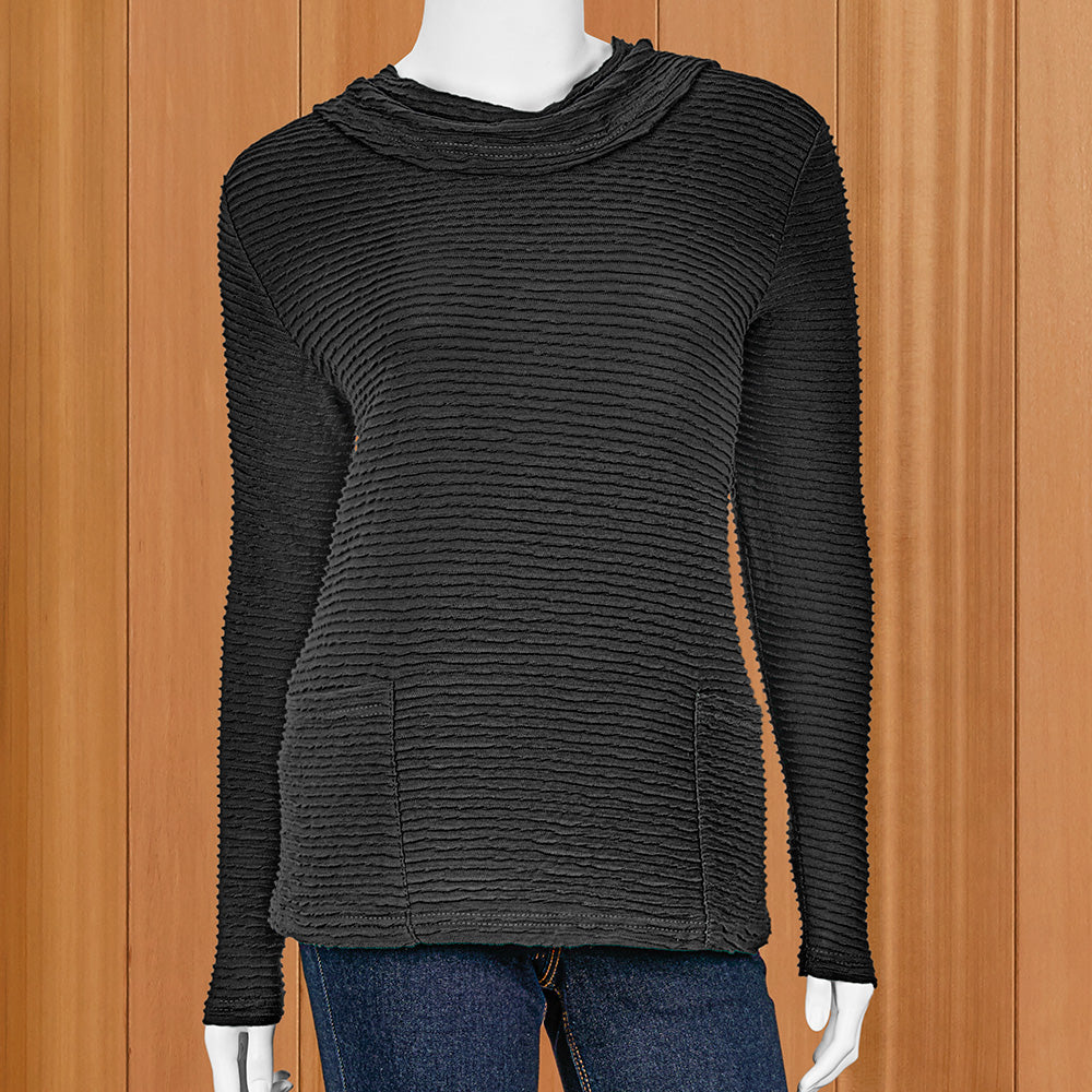 Lulu-B Wavy-Rib Cowl Neck Two-Pocket Pullover