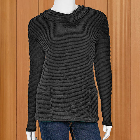Lulu-B Wavy-Rib Cowl Neck Two-Pocket Pullover