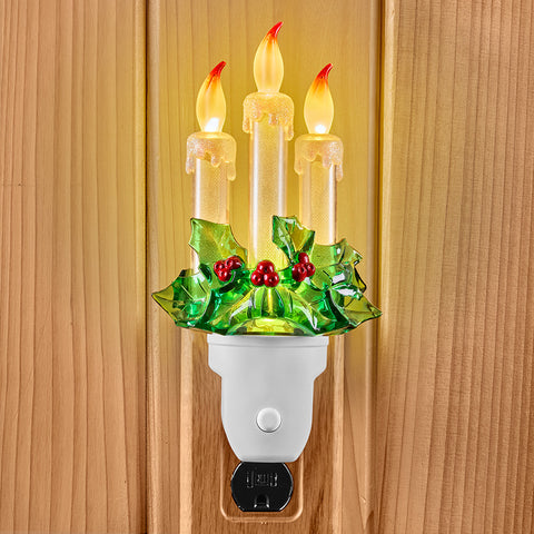 Holiday LED Night Light, Candles and Holly