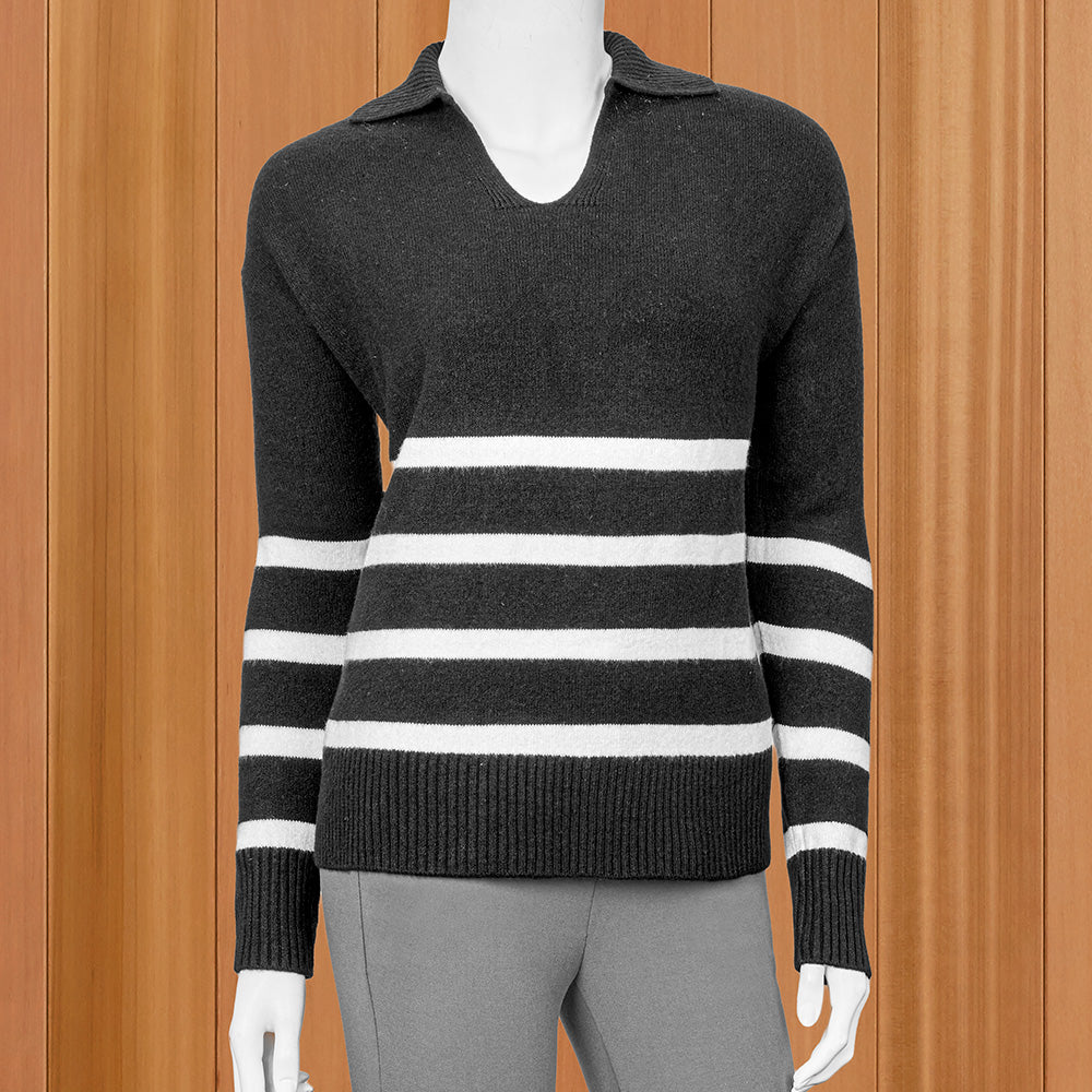 Renuar Comfy-Knit Johnny Collar Striped Sweater