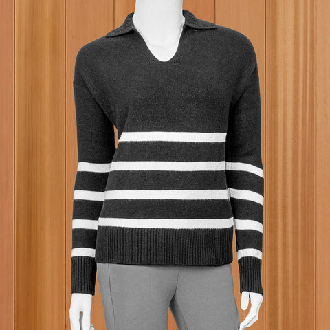 Renuar Comfy-Knit Johnny Collar Striped Sweater