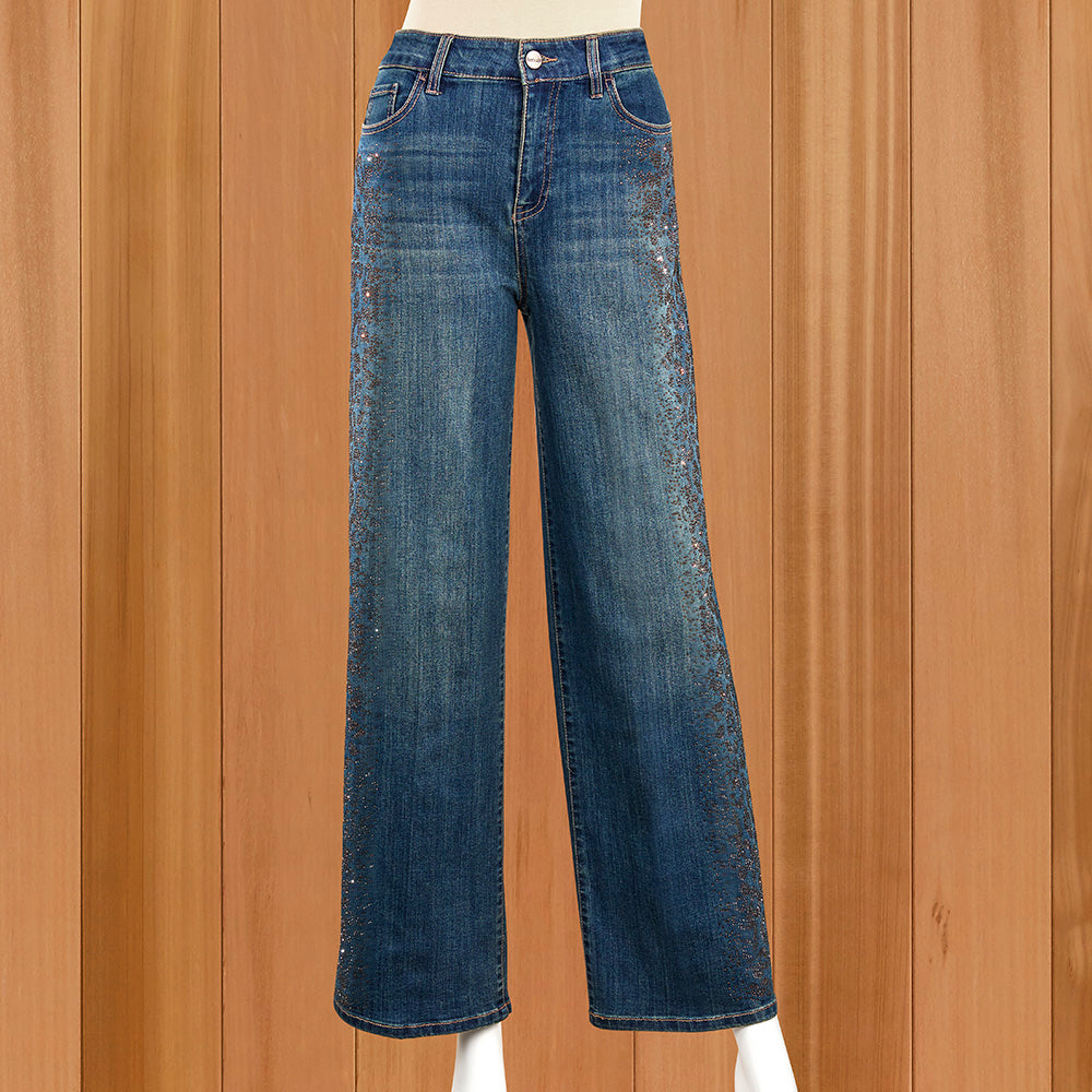 Renuar Leopard-Streak Five-Pocket Wide Leg Jeans