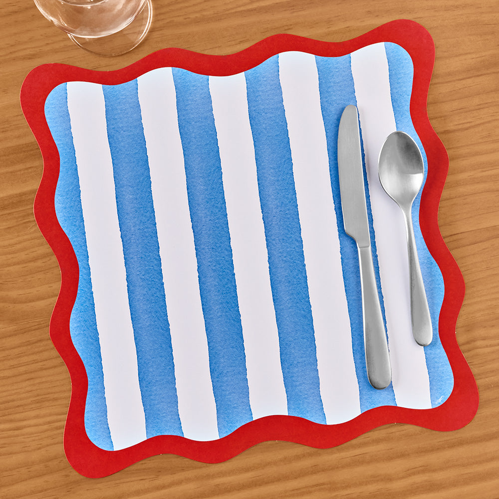 Caspari Paper Placemats, Scalloped Blue/Red Café Stripe
