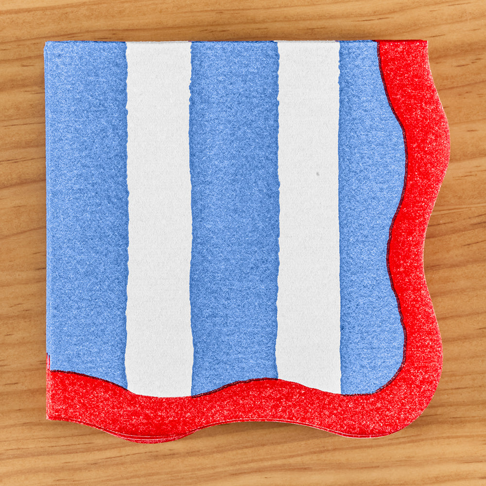 Caspari Paper Linen Napkins, Scalloped Blue/Red Café Stripe