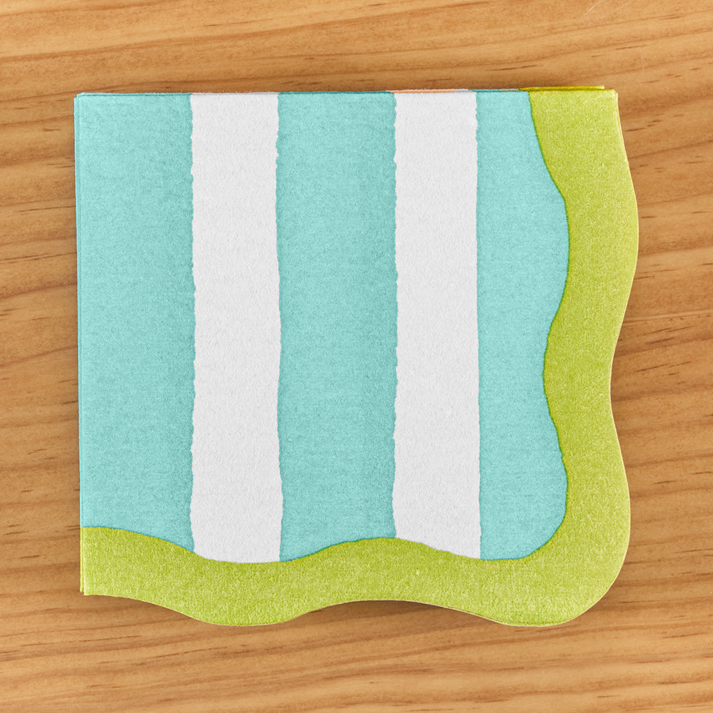 Caspari Paper Linen Napkins, Scalloped Aqua/Lime Café Stripe