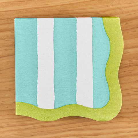 Caspari Paper Linen Napkins, Scalloped Aqua/Lime Café Stripe