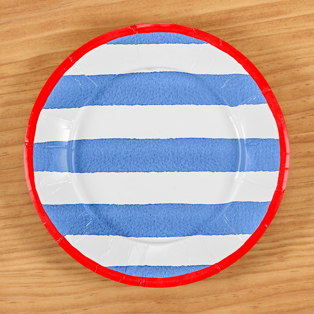 Caspari Paper Plates, Blue/Red Café Stripe