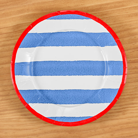 Caspari Paper Plates, Blue/Red Café Stripe