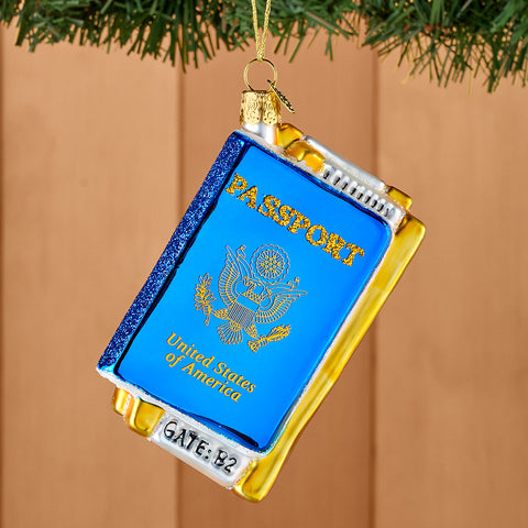 Old World Christmas Glass Ornament, Passport and Plane Tickets